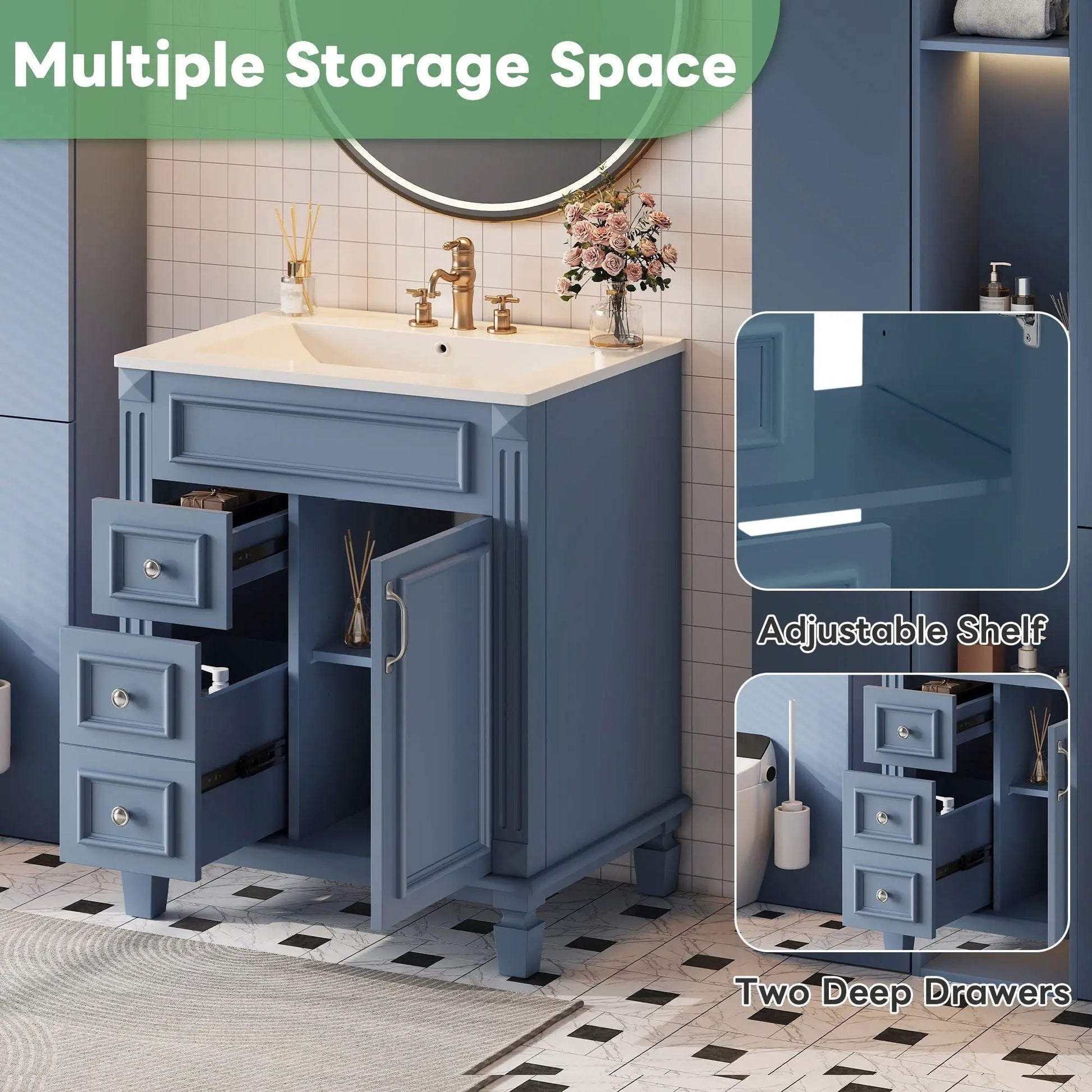 Blue bathroom vanity with white sink, brass faucet, two drawers and adjustable shelf on Tampa Home & Garden Store