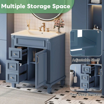 Blue bathroom vanity with white sink, brass faucet, two drawers and adjustable shelf on Tampa Home & Garden Store