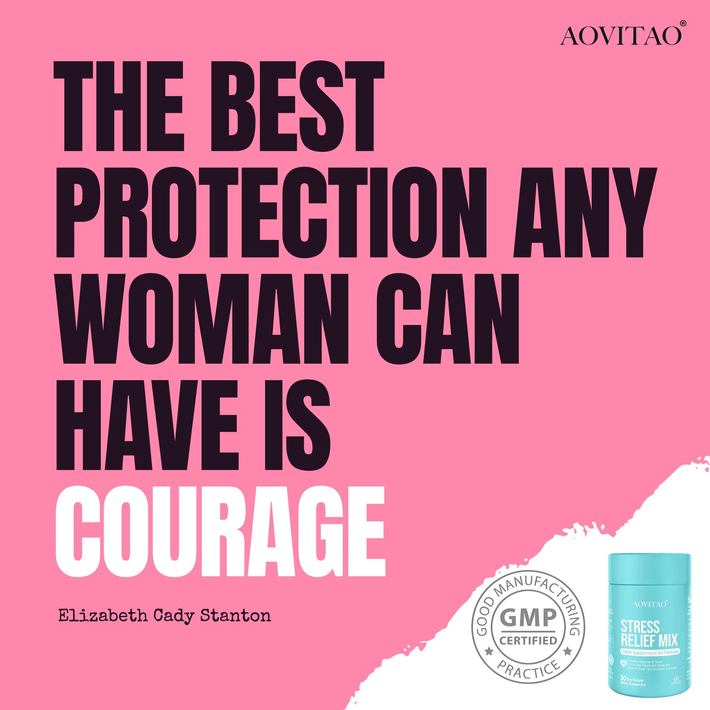 Blue AOVITAO Stress Relief Mix bottle beside a pink ad with bold typography and GMP seal on Tampa Home & Garden Store