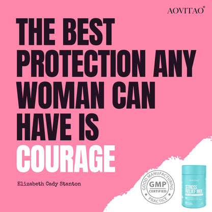 Blue AOVITAO Stress Relief Mix bottle beside a pink ad with bold typography and GMP seal on Tampa Home & Garden Store