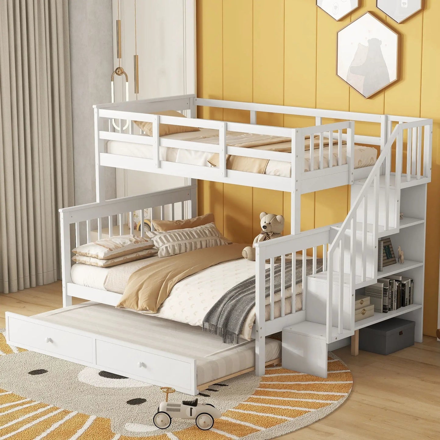Bunk Bed with Twin Size Trundle and Guard Rail