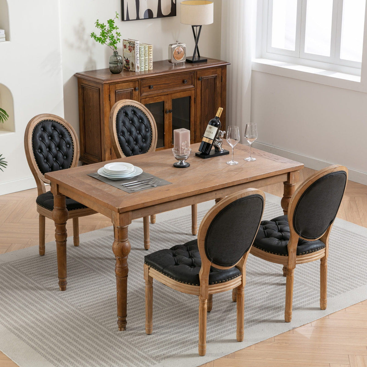 French style solid wood dining chair with black tufted seat and nailhead trim, 4-pack on Tampa Home & Garden Store