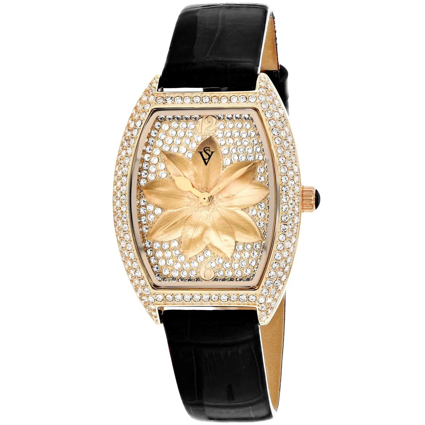 Christian Van Sant Lotus watch gold-tone crystal case black leather strap Bids.com on Tampa Home & Garden Store