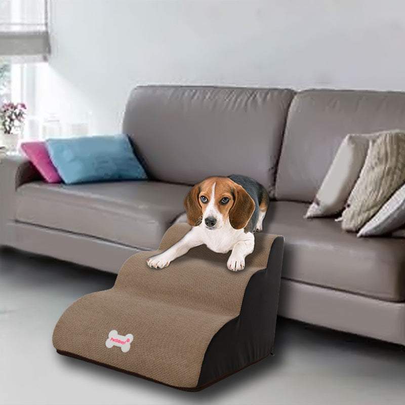 Small dog on beige textured climbing ramp beside sofa in living room on Tampa Home & Garden Store