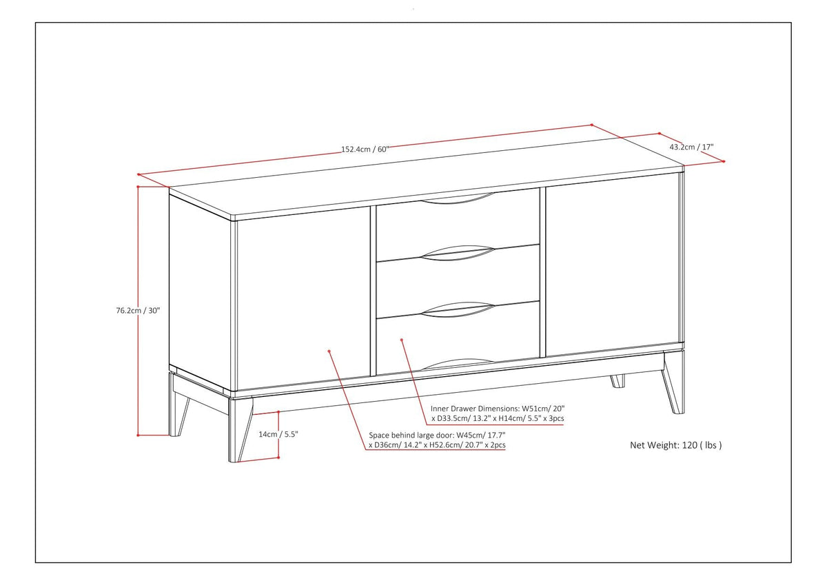 Solid Wood Sideboard Buffet and Extra Storage technical drawing showing 60in L, 17in D, 30in H on Tampa Home & Garden Store