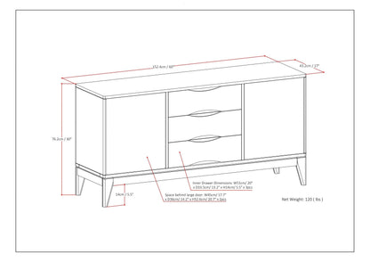 Solid Wood Sideboard Buffet and Extra Storage technical drawing showing 60in L, 17in D, 30in H on Tampa Home & Garden Store