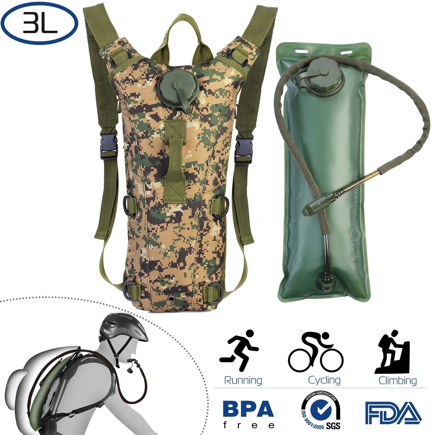 iMounTEK Tactical Hydration Pack 3L camouflage backpack with green hydration bladder GemGear on Tampa Home & Garden Store