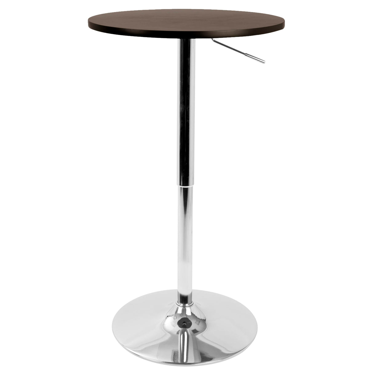 Height-adjustable contemporary bar table with dark brown round top and chrome pedestal base on Tampa Home & Garden Store