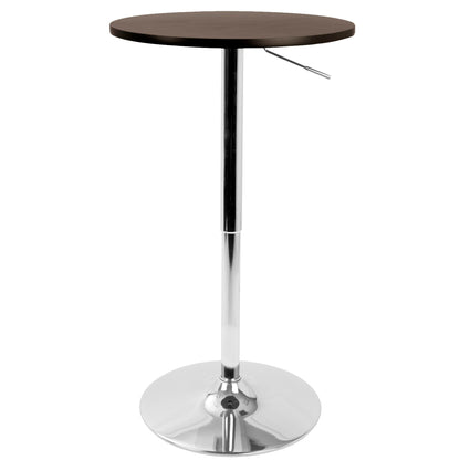Height-adjustable contemporary bar table with dark brown round top and chrome pedestal base on Tampa Home & Garden Store