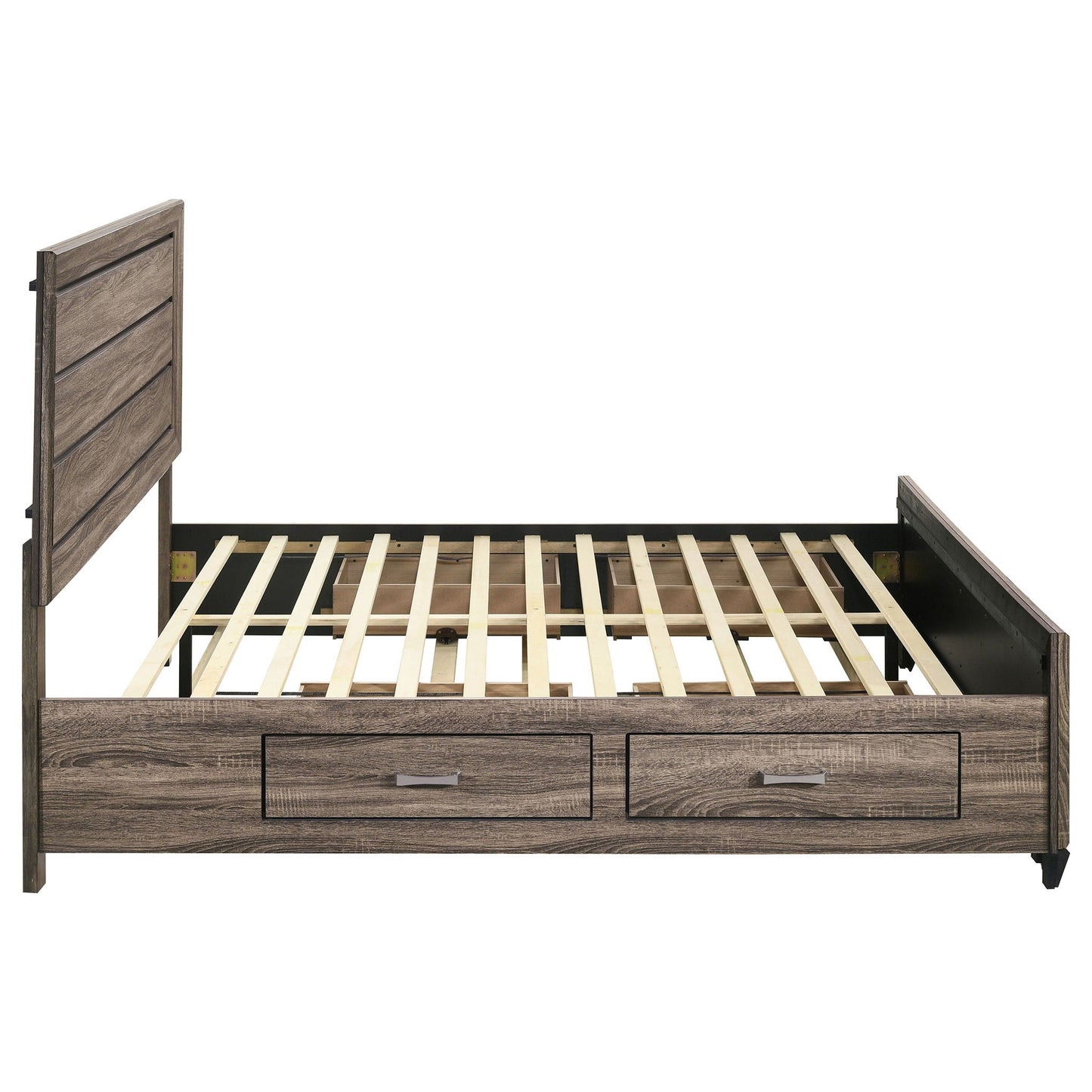Oatfield panel bed in dark wood with built-in footboard drawers on Tampa Home & Garden Store