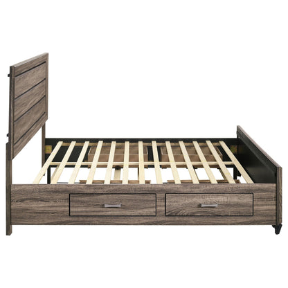 Oatfield panel bed in dark wood with built-in footboard drawers on Tampa Home & Garden Store