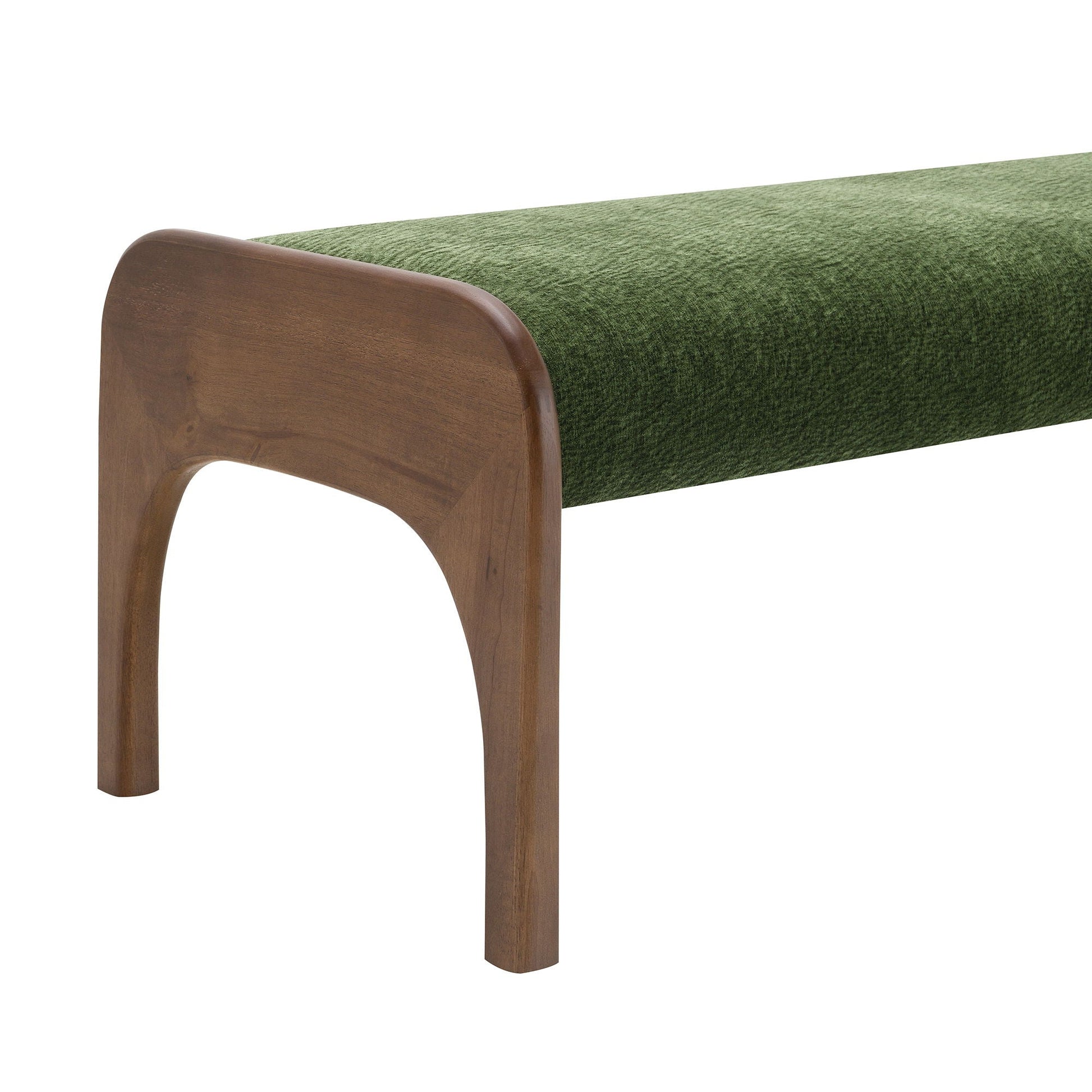 Modern upholstered long kitchen bench, green fabric, curved wood legs on Tampa Home & Garden Store