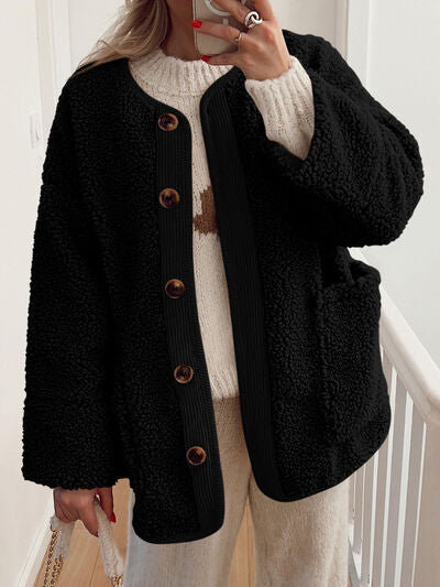 Modern Cozy Sherpa jacket in black with brown buttons, contrast trim, button-front pockets on Tampa Home & Garden Store