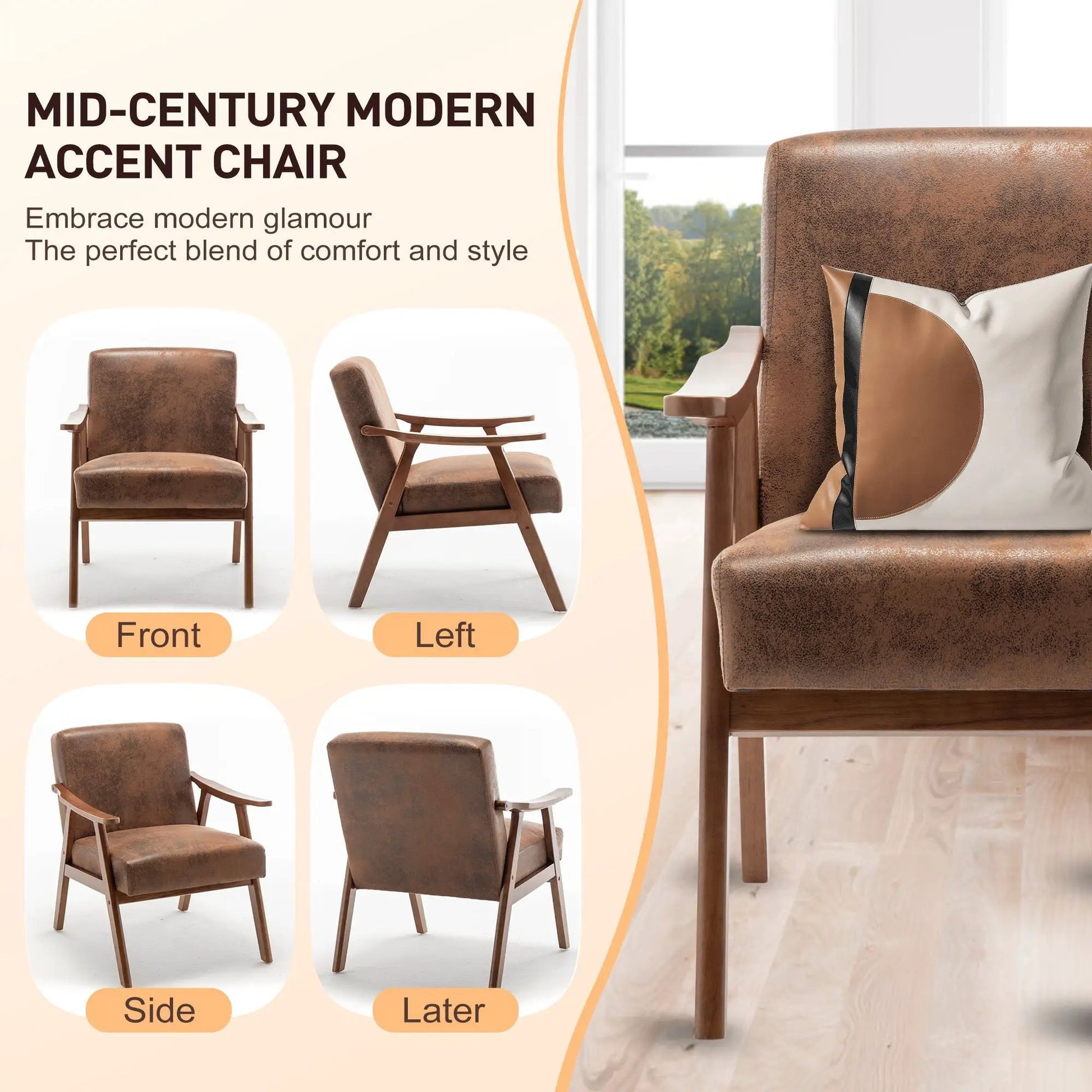 Mid-Century Modern Accent Chair with solid wood frame and extra thick backrest in brown leather upholstery on Tampa Home & Garden Store