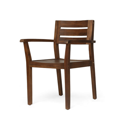 7-Pieces Acacia Wood Outdoor Dining Set by HouseOfZazla, dark brown chair with slatted back and curved arms on Tampa Home & Garden Store