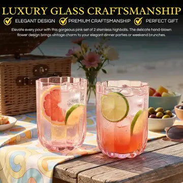 Pink Vintage Flower Stemless Highball Glasses Set