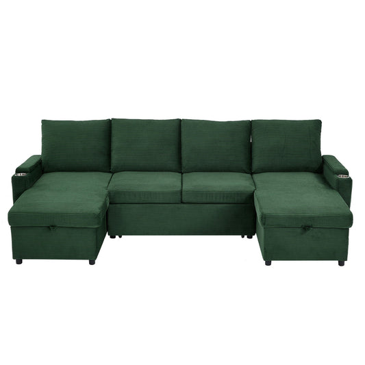 HouseOfZazla U-shaped sleeper sectional in deep green corduroy with cup holders on armrests on Tampa Home & Garden Store