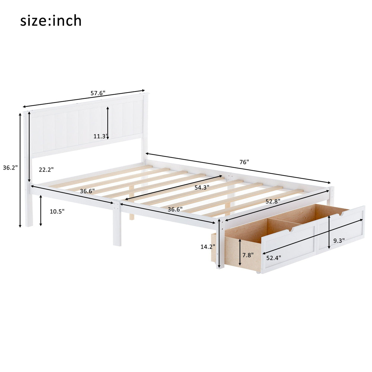 Full size platform bed with under-bed drawers in white, storage bed on Tampa Home & Garden Store
