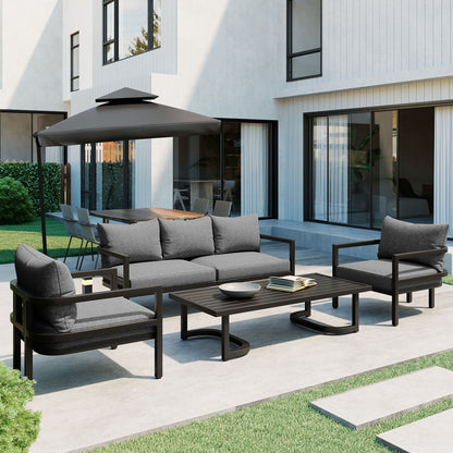 U_Style multi-person outdoor steel sofa set with coffee table by HouseOfZazla dark gray cushions on Tampa Home & Garden Store