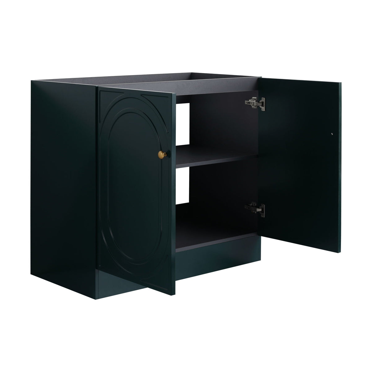 Freestanding bathroom vanity with soft close, dark green cabinet, 2 doors open to interior shelf on Tampa Home & Garden Store