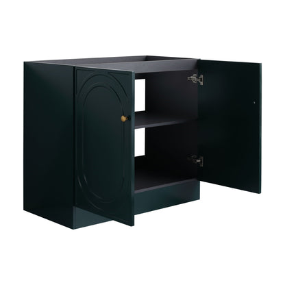 Freestanding bathroom vanity with soft close, dark green cabinet, 2 doors open to interior shelf on Tampa Home & Garden Store
