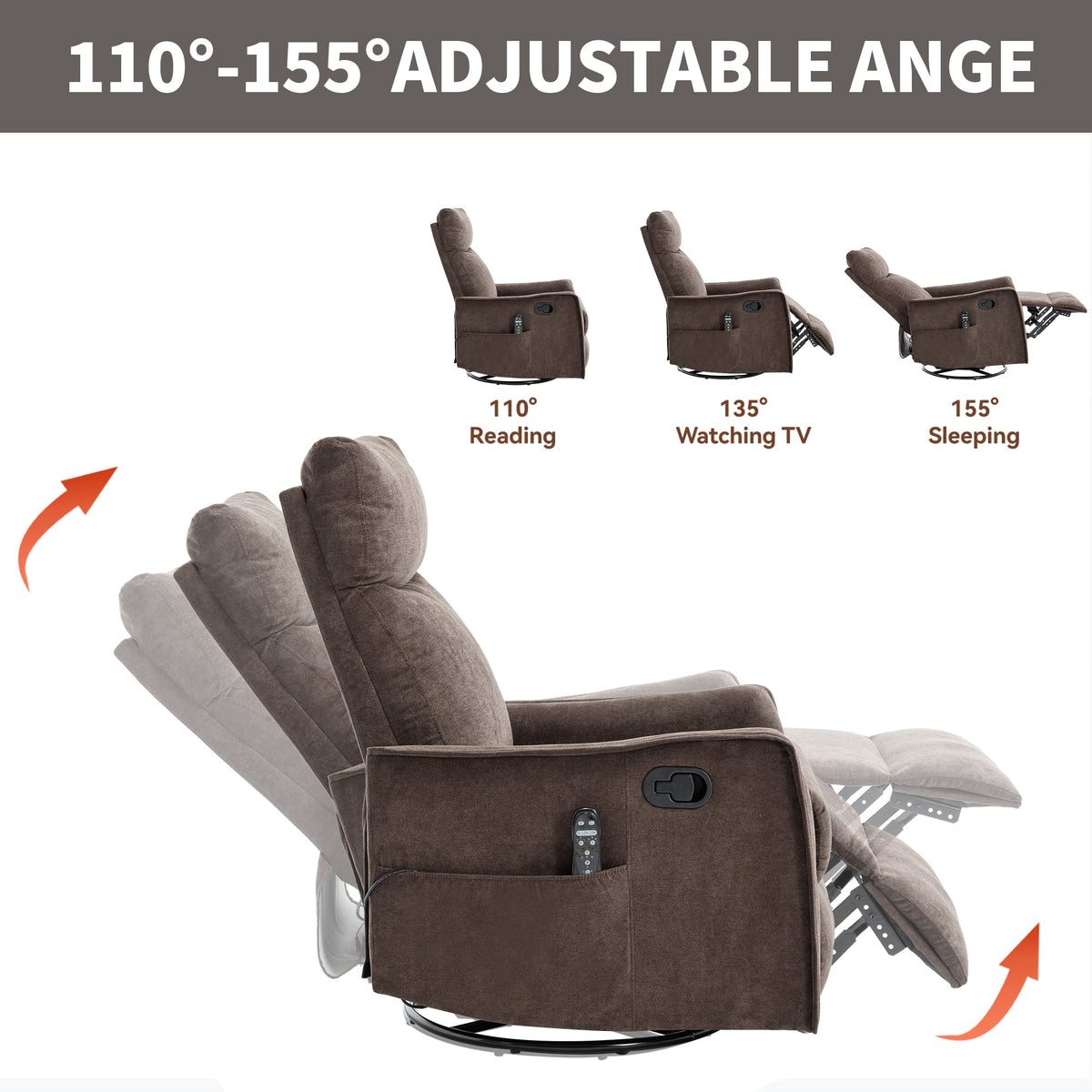 Heat Massage Manual Recliner Chair with Rocker and Swivel in brown fabric by HouseOfZazla on Tampa Home & Garden Store