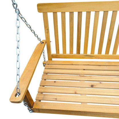 Front Porch Swing with Armrests in natural wood finish, metal chains and slatted seat on Tampa Home & Garden Store