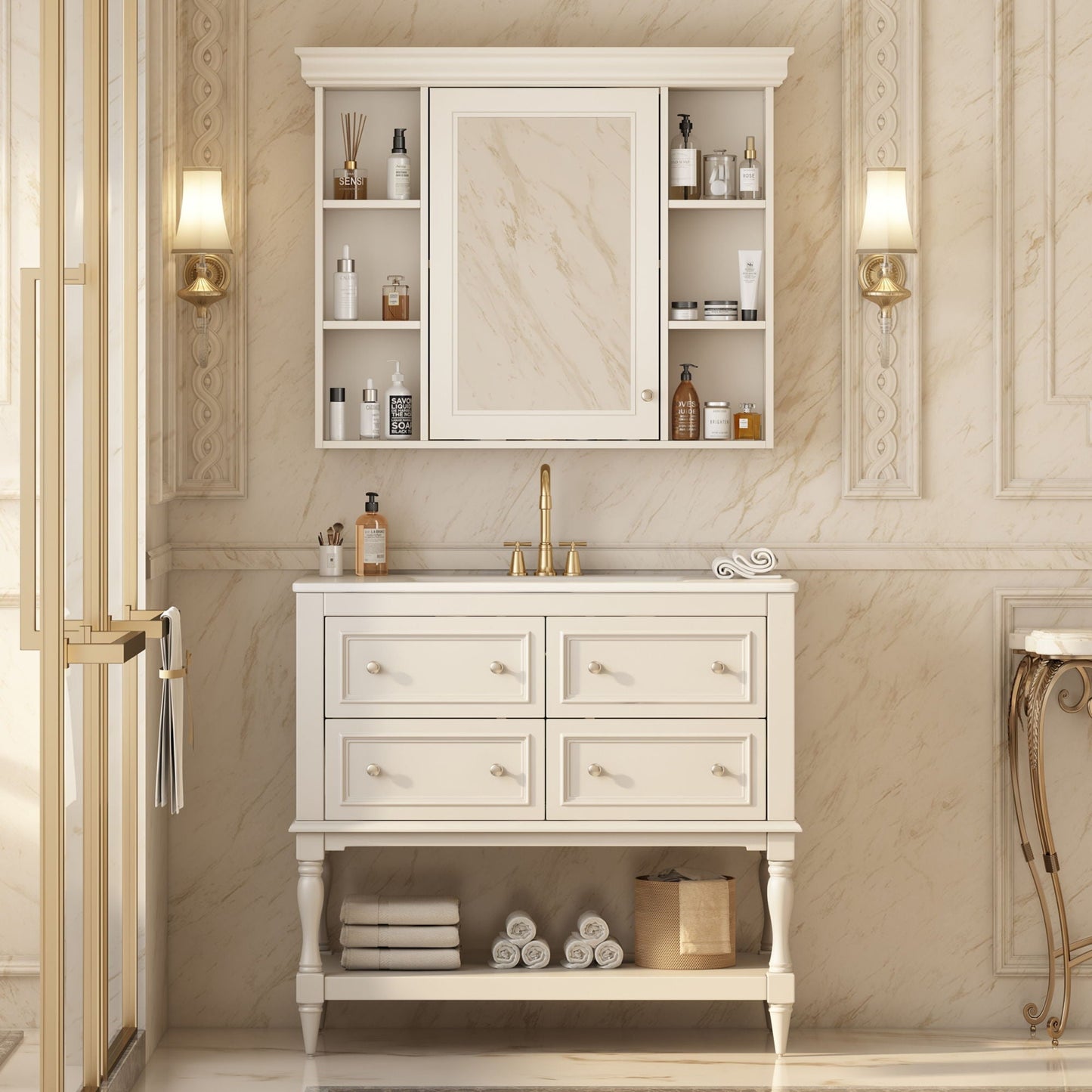 Bathroom vanity with medicine cabinet, cream finish, 4-drawer storage HouseOfZazla on Tampa Home & Garden Store