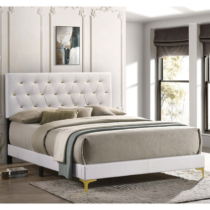 James Panel Bed by HouseOfZazla, white tufted upholstered bed with gold legs in a calm bedroom on Tampa Home & Garden Store