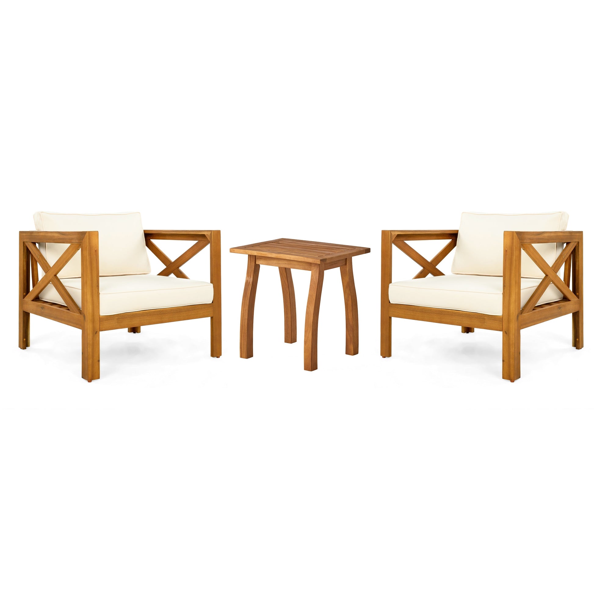 Patio Conversation Set with 2 acacia wood armchairs and end table, cream cushions, HouseOfZazla on Tampa Home & Garden Store