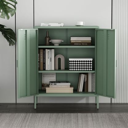 Accent Cabinet with Adjustable Shelves in green steel finish by HouseOfZazla, open shelves on Tampa Home & Garden Store