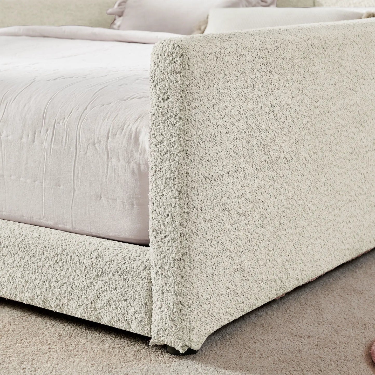 Upholstered platform bed with safety rail in beige fabric on Tampa Home & Garden Store