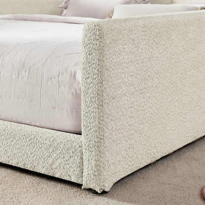 Upholstered platform bed with safety rail in beige fabric on Tampa Home & Garden Store