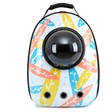 Pet Zen bubble-window pet backpack carrier with pastel feather print and three ventilation holes on Tampa Home & Garden Store