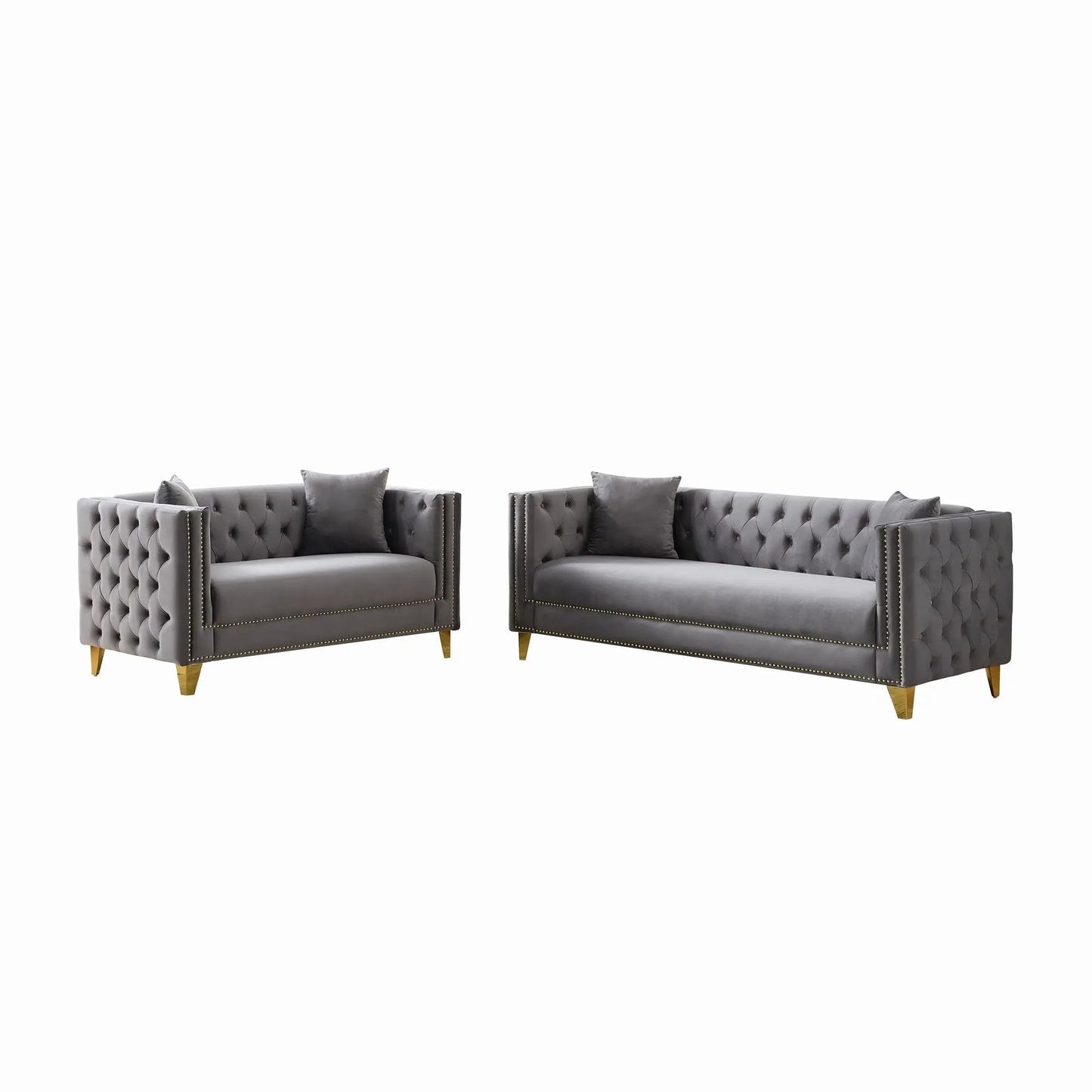 Pair of deep-seat sofas with button nailhead, square arms, gray tufted fabric on Tampa Home & Garden Store