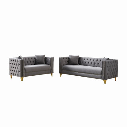 Pair of deep-seat sofas with button nailhead, square arms, gray tufted fabric on Tampa Home & Garden Store
