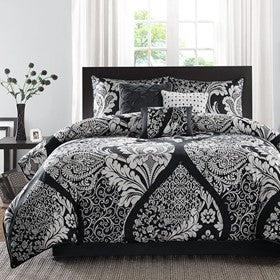 7 Piece Cotton Printed Comforter Set HouseOfZazla in black white damask bedding set on Tampa Home & Garden Store
