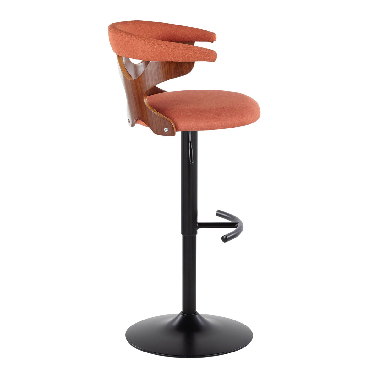 Contemporary adjustable barstool with swivel and rounded T footrest in orange fabric on Tampa Home & Garden Store