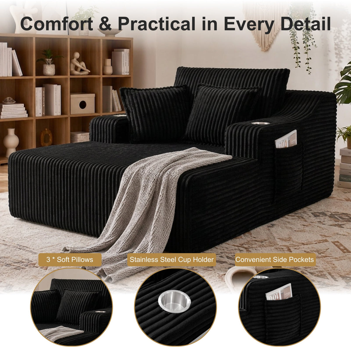 Oversized black corduroy chaise lounge with ribbed cushions and a matching throw blanket on Tampa Home & Garden Store