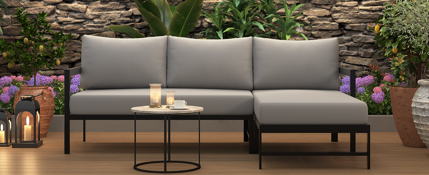 U_style Outdoor L-Shaped Sofa by HouseOfZazla with iron frame and ultra-thick gray cushions on Tampa Home & Garden Store