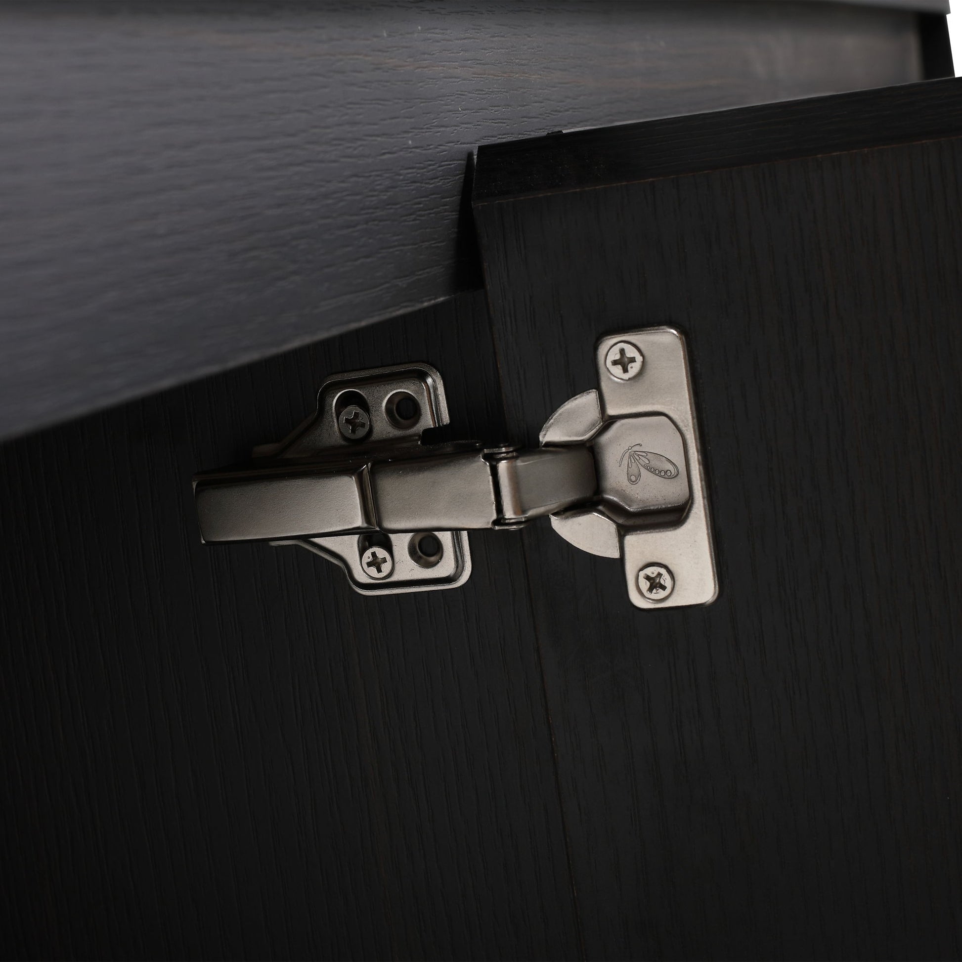 Freestanding bathroom vanity cabinet close-up with dark wood finish and metal hinges on Tampa Home & Garden Store