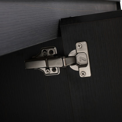 Freestanding bathroom vanity cabinet close-up with dark wood finish and metal hinges on Tampa Home & Garden Store