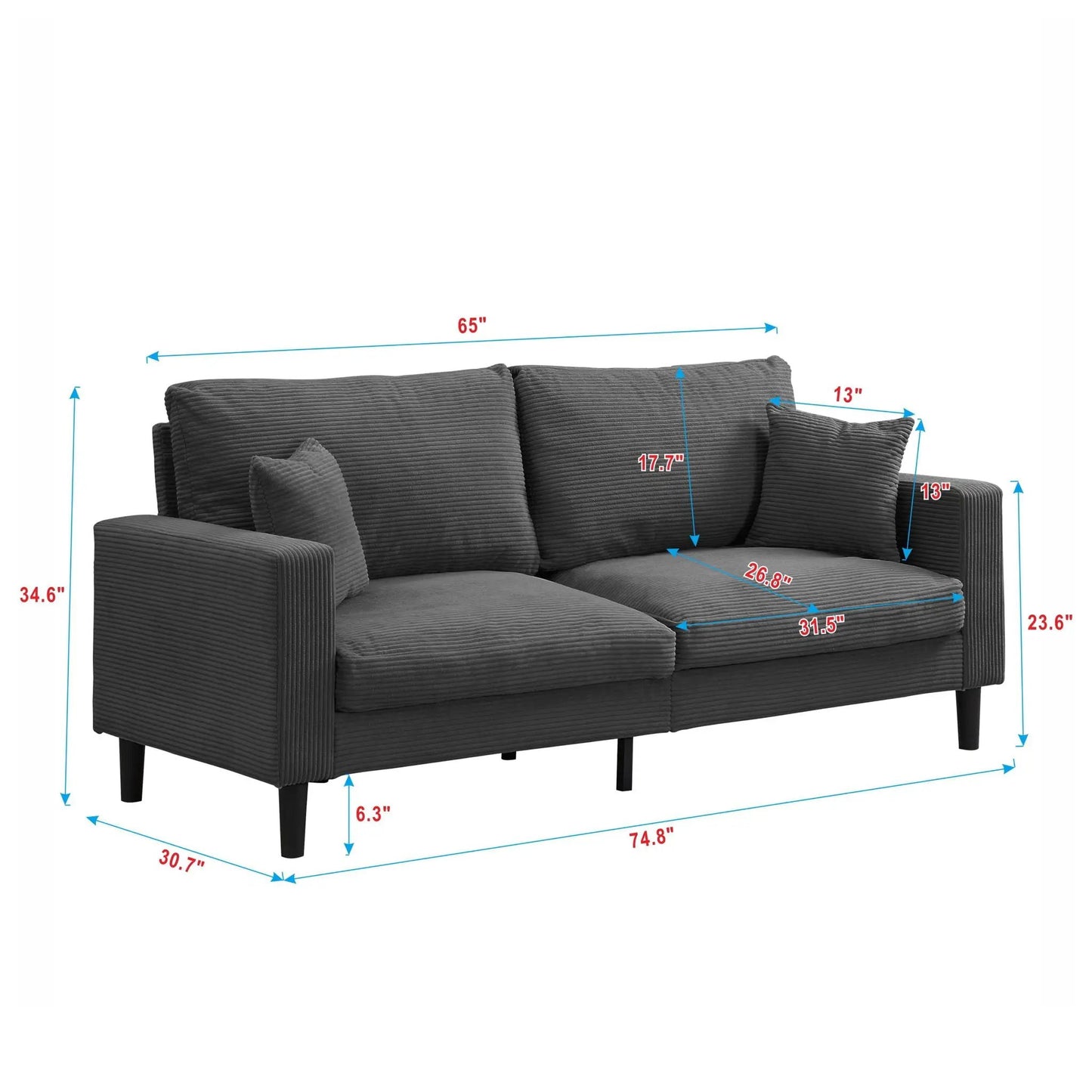 Modern Upholstered Resilience Three Seater Sofa in dark gray ribbed fabric on Tampa Home & Garden Store