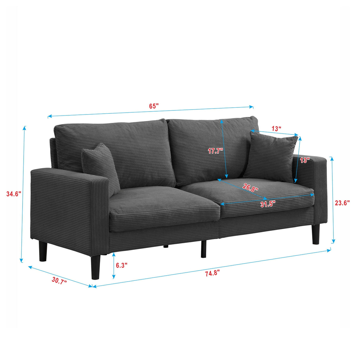 Modern Upholstered Three Seater Sofa and Pillows