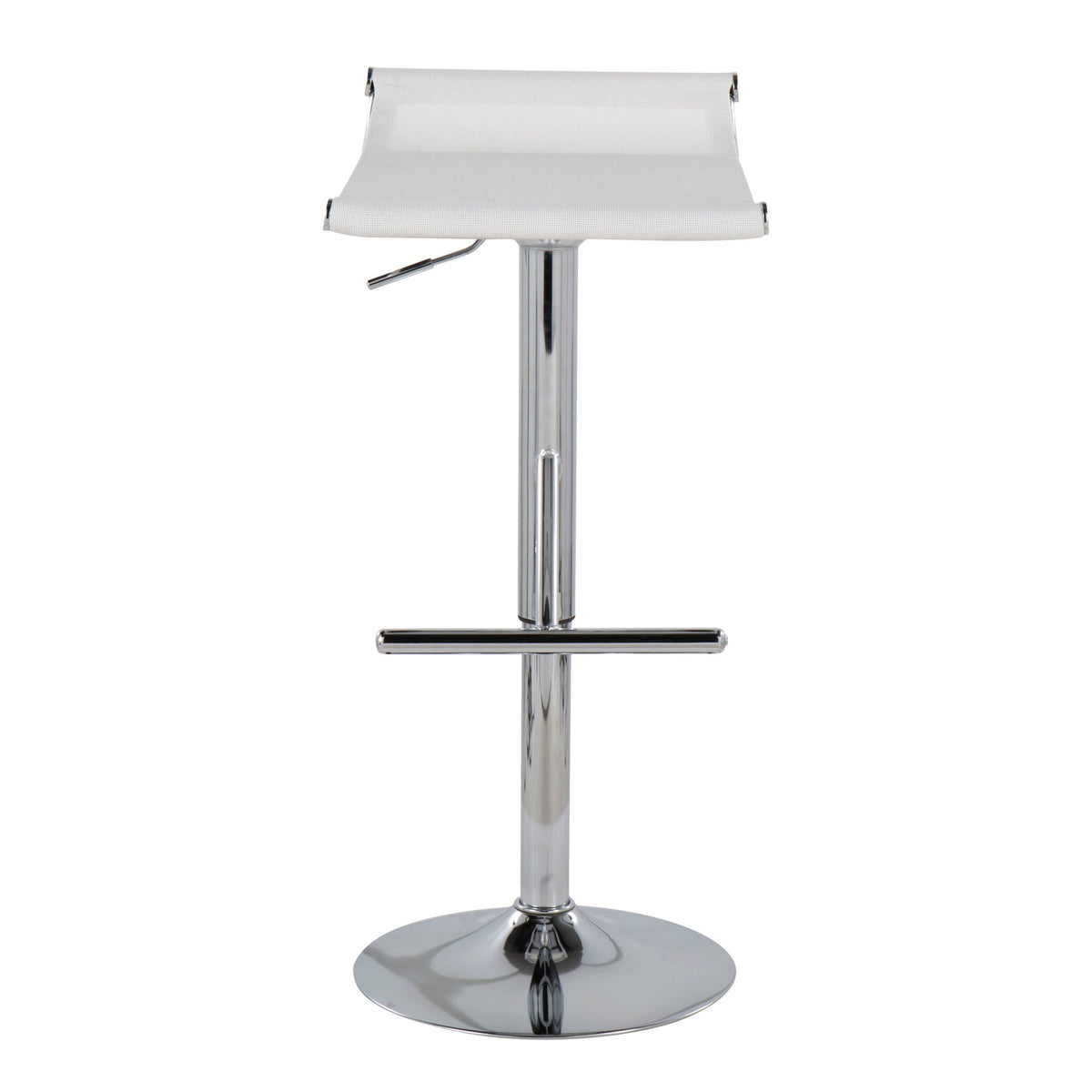 White adjustable bar stool with swivel and footrest, chrome pedestal base on Tampa Home & Garden Store