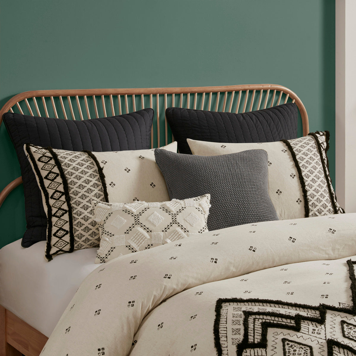 Duvet cover set Full/Queen 3-Piece flax-cotton blended with modern boho beige and black trim HouseOfZazla on Tampa Home & Garden Store