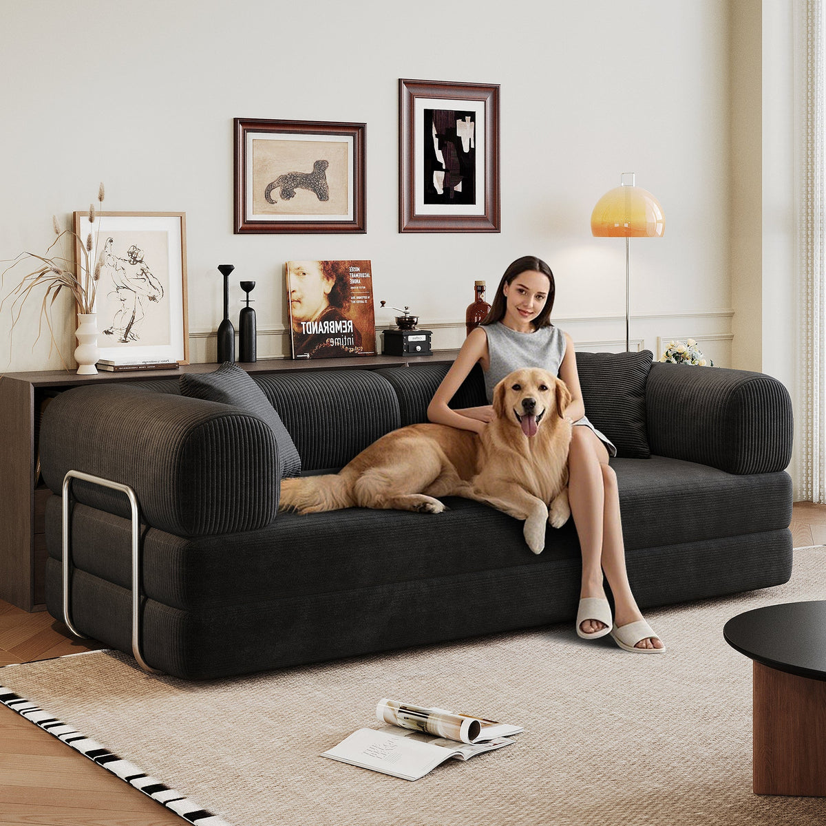 HouseOfZazla black corduroy compression sofa with pillow-back modular sectional on Tampa Home & Garden Store
