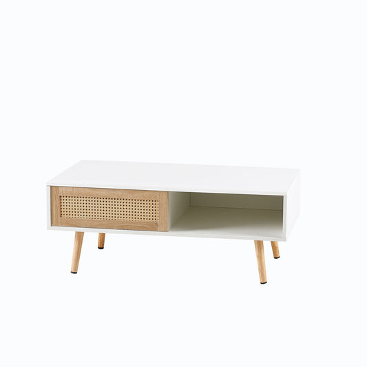 41.34in Rattan Coffee Table with white top, wood legs, woven storage front panel on Tampa Home & Garden Store