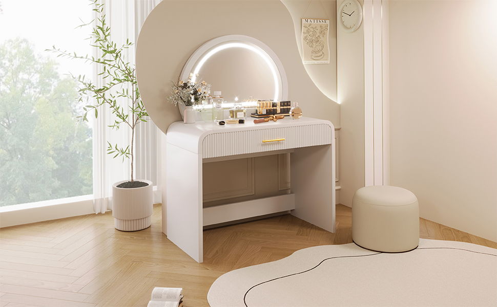 White makeup vanity table with round LED-lit mirror and single drawer, HouseOfZazla vanity base on Tampa Home & Garden Store