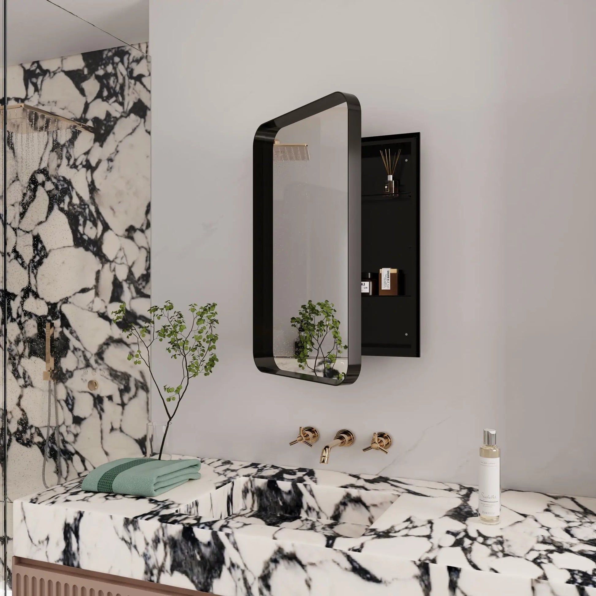 Medicine cabinet in black metal rounded frame with mirror and shelves Unique Piece Furniture on Tampa Home & Garden Store
